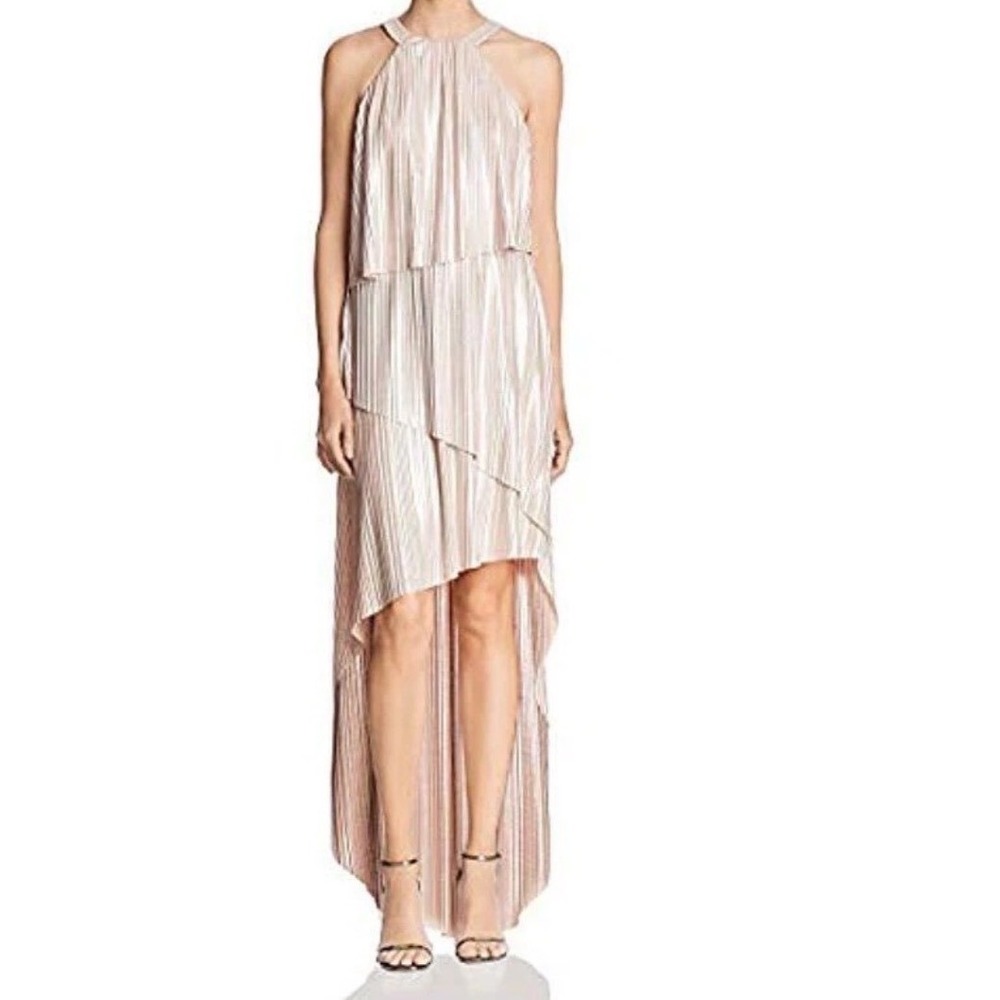 Laundry by Shelli Segal Rose Gold Metallic Pleated High-Low Gown formal Dress 2